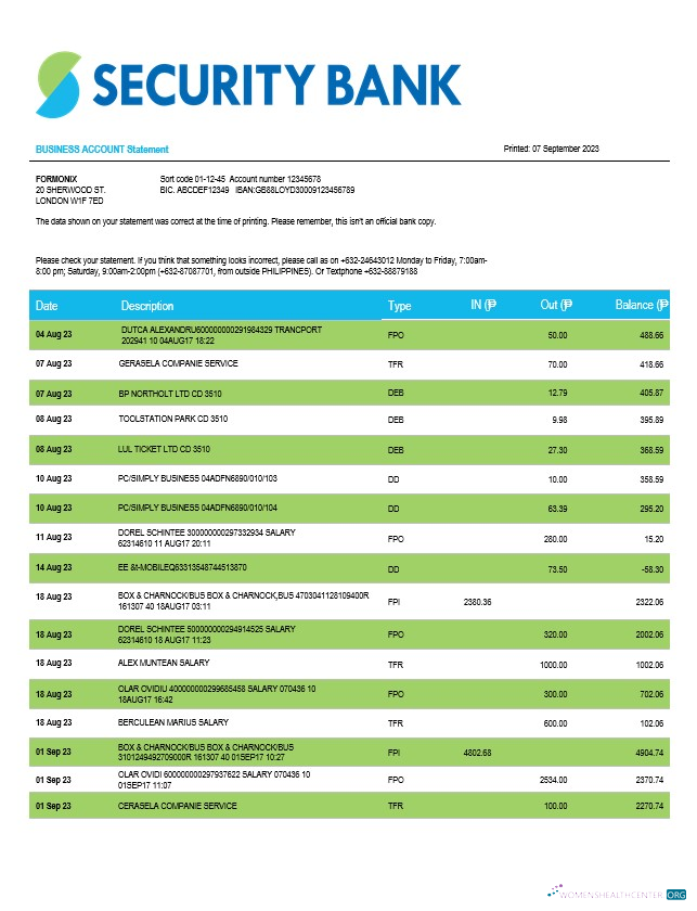 Download Security Bank firm account statement Word and PDF template Photoshop template